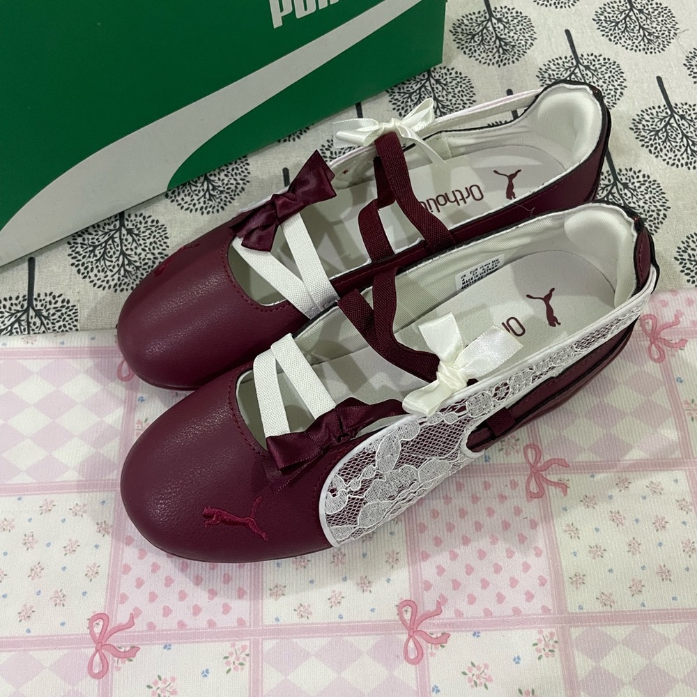 Puma Burgundy Ballet Flats with White Lace & Bow